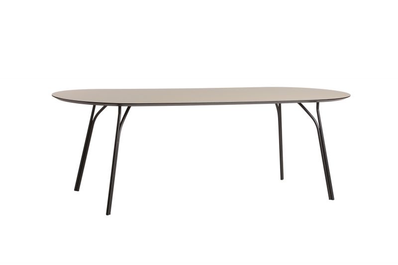 Woud Tree Esstisch 90x220: Moderner Tisch mit ovaler Tischplatte und schwarzen Metallbeinen.