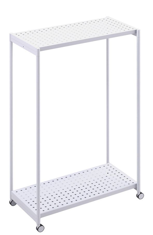 Weißer Rexite Meeting Kleiderständer mit Rollen und zwei Ablageflächen für Büro und Garderobe.