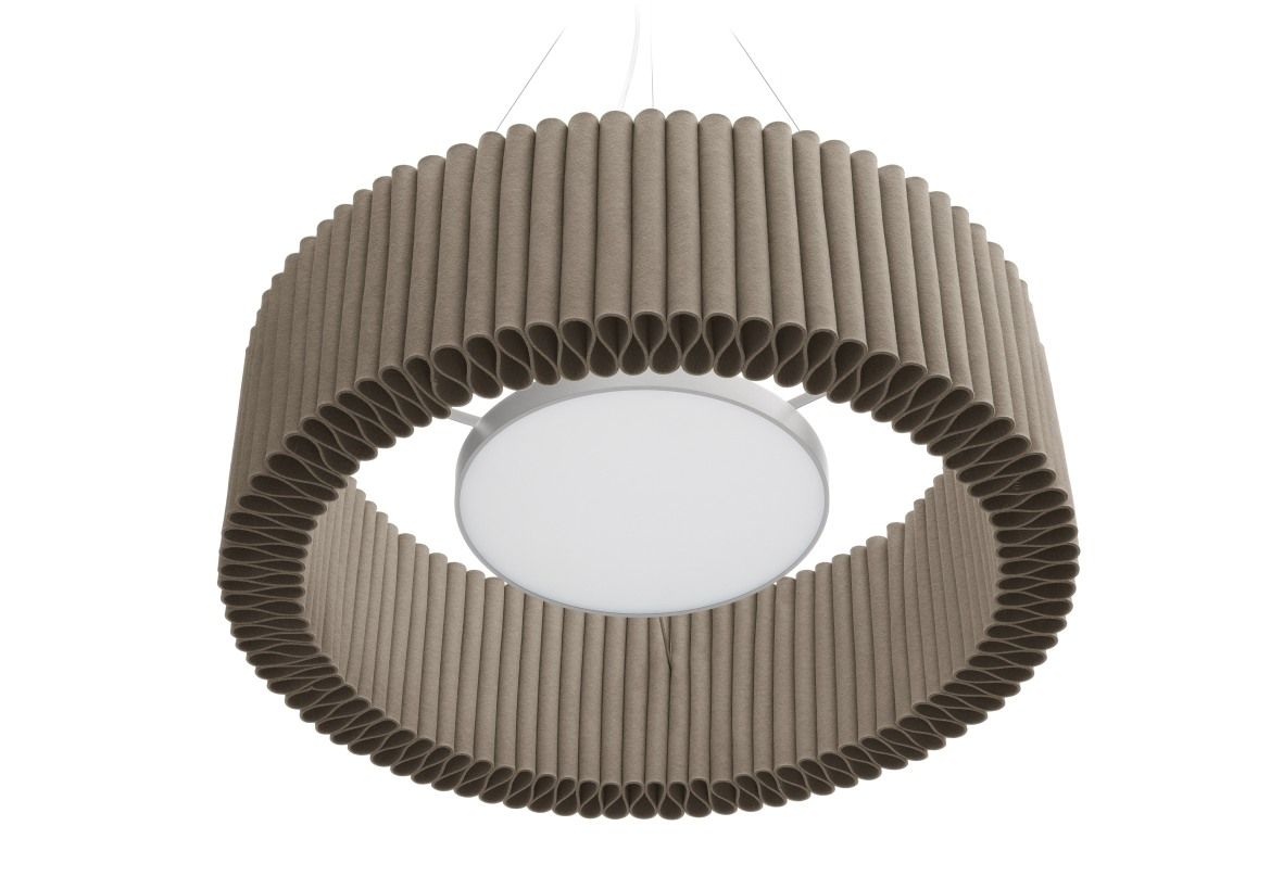 Welle Deckenobjekt von HEY-SIGN: Runde, moderne Filzlampe in Taupe mit LED-Leuchte, hängend.