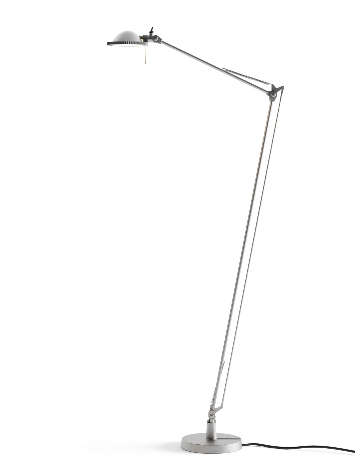 Silberne D12 Berenice Stehleuchte von Luceplan mit verstellbarem Arm und rundem Lampenkopf. Design Stehlampe für Wohnzimmer und Büro.