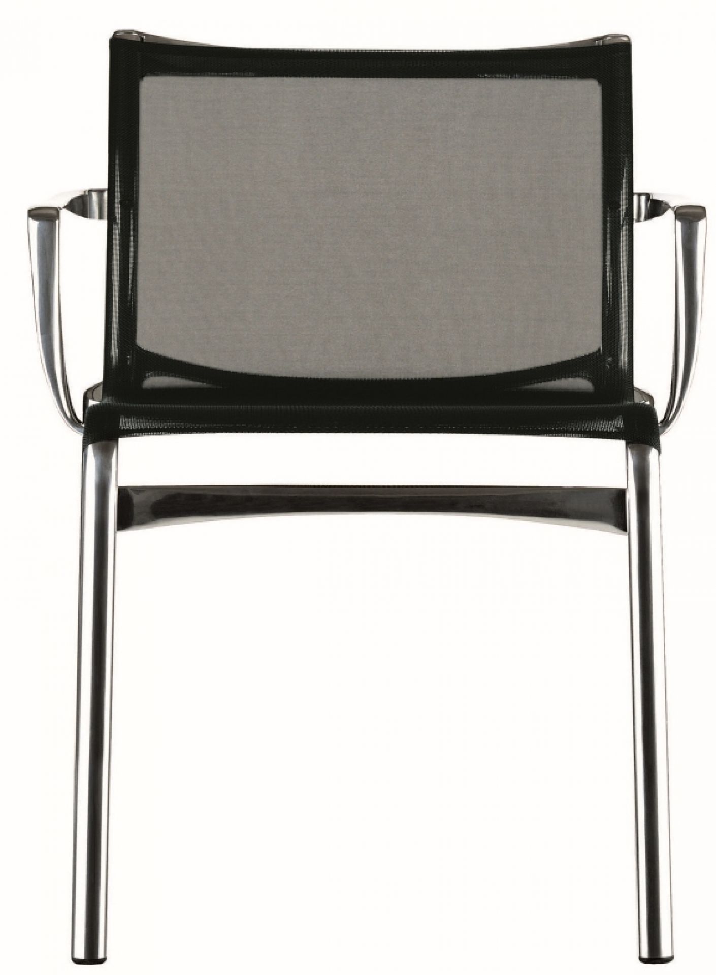Frame Stuhl mit Armlehnen von Alias, modernes Design mit schwarzem Netzgewebe und Stahlgestell.