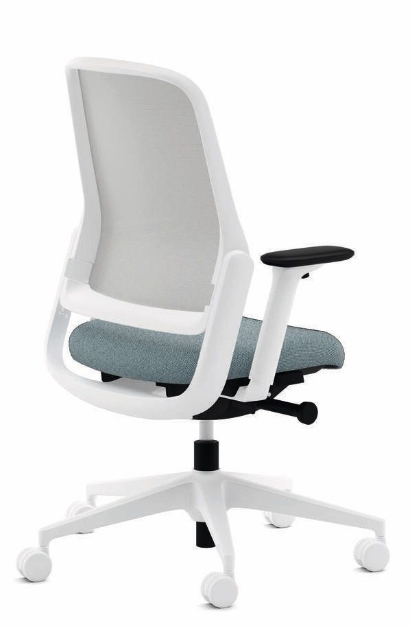 Wilkhahn 164/7 ME Drehstuhl, Bürostuhl mit weißem Rahmen, grauem Sitzpolster und Netzrücken, ergonomisch und modern.