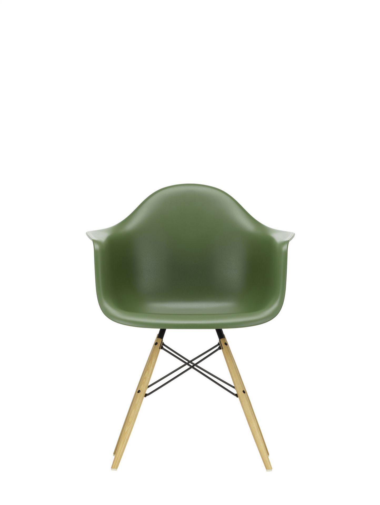 Eames Plastic Arm Chair DAW Stuhl mit Ahorn-Gestell und olivgrüner Sitzschale von Vitra.