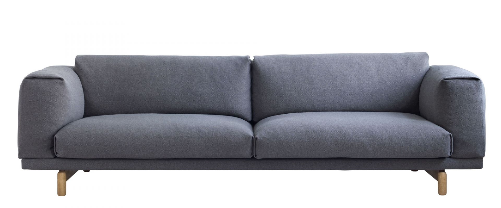 Graues Muuto Rest Sofa, ein modernes 2-Sitzer Sofa mit minimalistischem Design und hellen Holzfüßen.