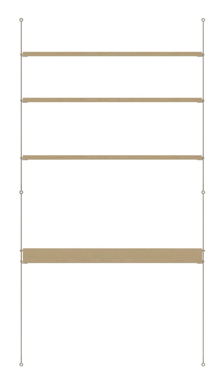 Arbeitsplatz KONFIGURATIONEN W4 String Furniture: Wandregal mit vier hellen Holzregalböden und grauen Seitenteilen.