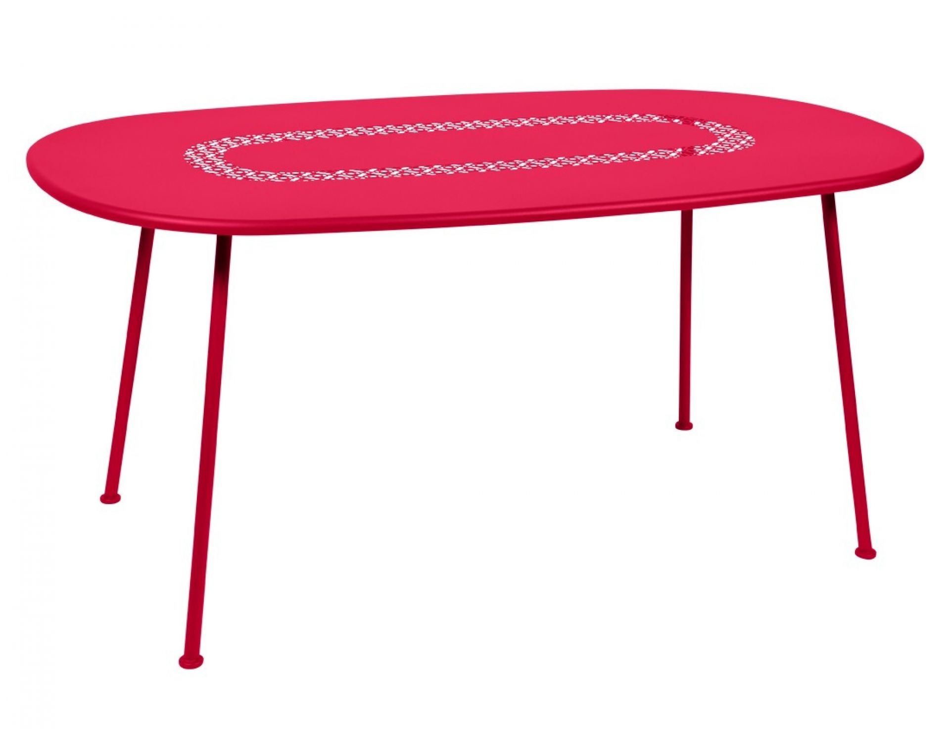 Roter Fermob Lorette Gartentisch, oval, mit filigranem Muster in der Tischmitte, ideal für den Außenbereich.