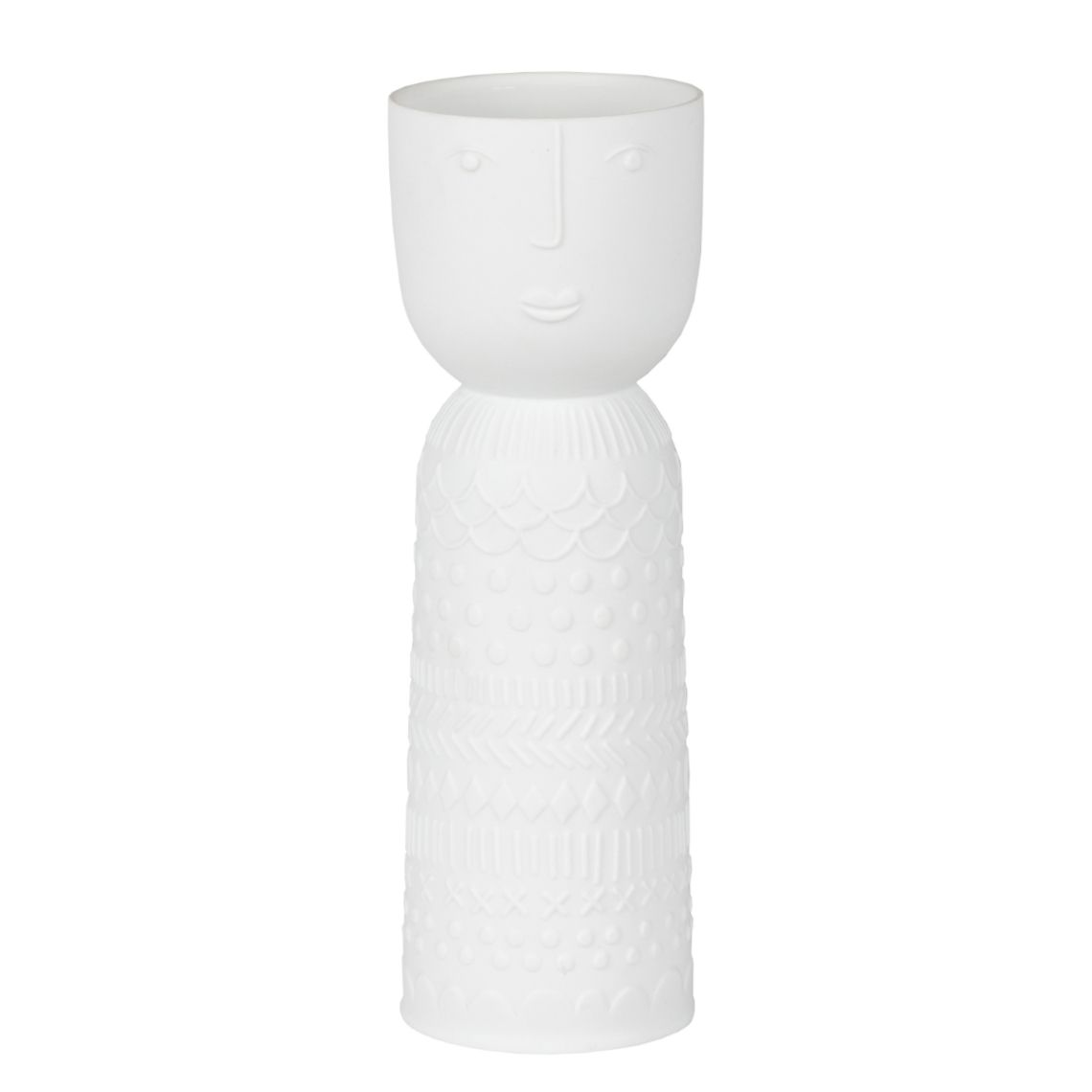 Weiße Räder Vase aus der Naturgestalten Serie mit Gesicht und Muster.