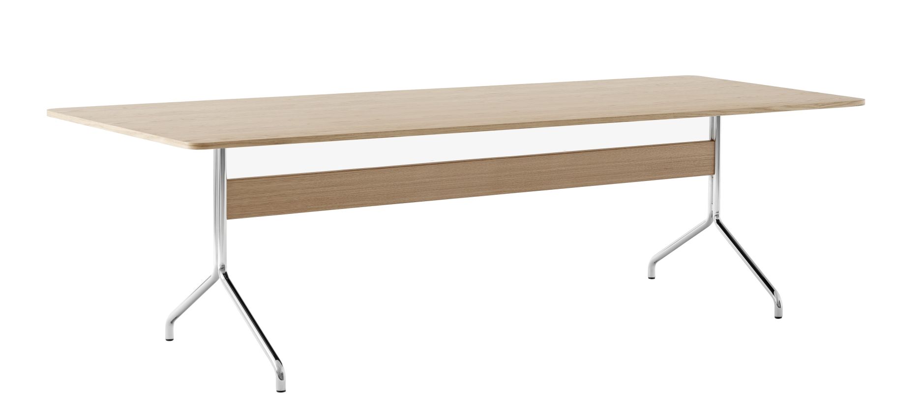 AndTradition Pavilion AV Tisch mit hellem Holzfurnier und verchromtem Stahlgestell.