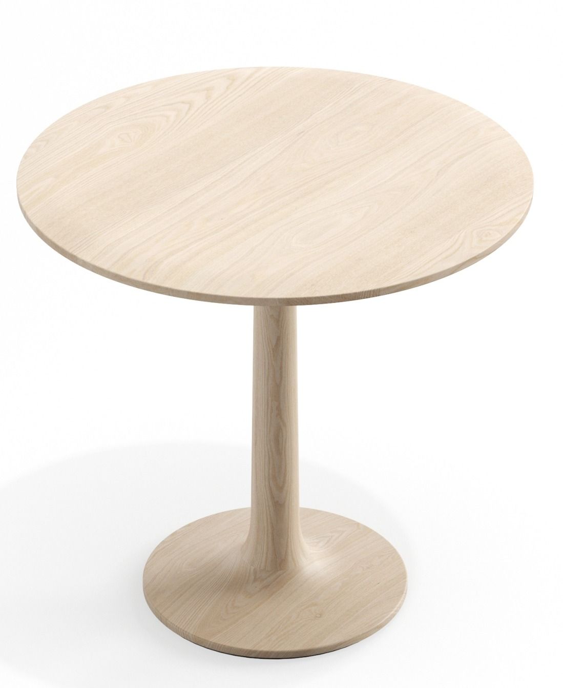 Turntable Couch Beistelltisch Zeitraum: Runder, heller Holzbeistelltisch mit Mittelfuß und runder Basis auf weißem Hintergrund.