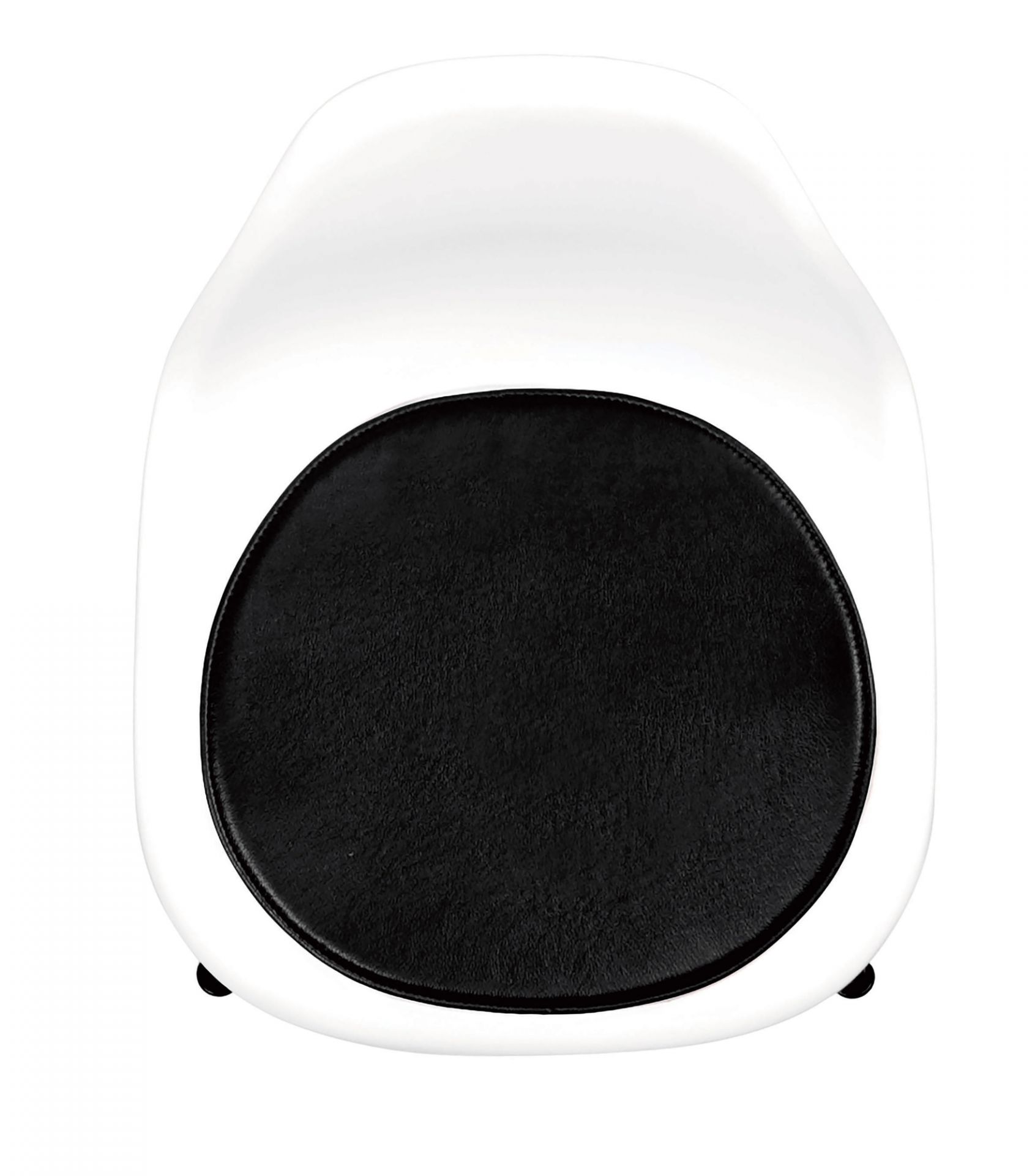 Sitzauflage für Eames DSR Stuhl, Bent Hansen Einzelstück, schwarzes Leder, weiße Sitzschale, bequeme Polsterung.