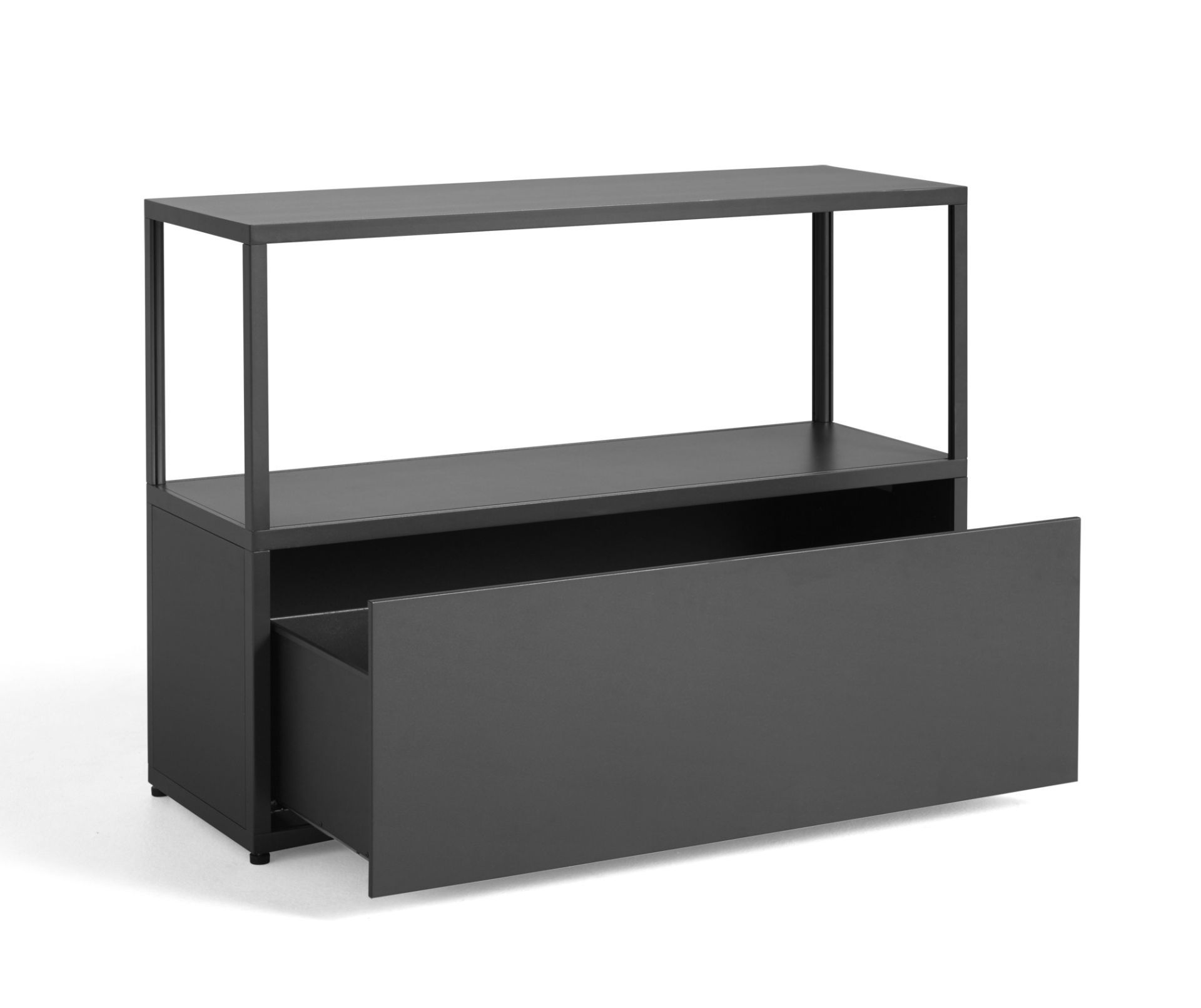 New Order Sideboard in Anthrazit mit offener Schublade und Regalebenen, modernes Stauraum-Möbel.