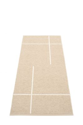 Beiger Pappelina Teppich "Fred" 70x180cm mit weißem Linienmuster, ideal für Wohnzimmer und Flur.