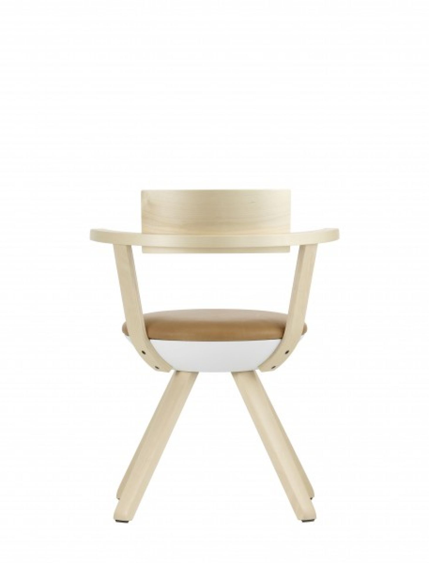 KG002 Rival Schreibtischstuhl von Artek, Ansicht von hinten, helles Holz, brauner Sitz.