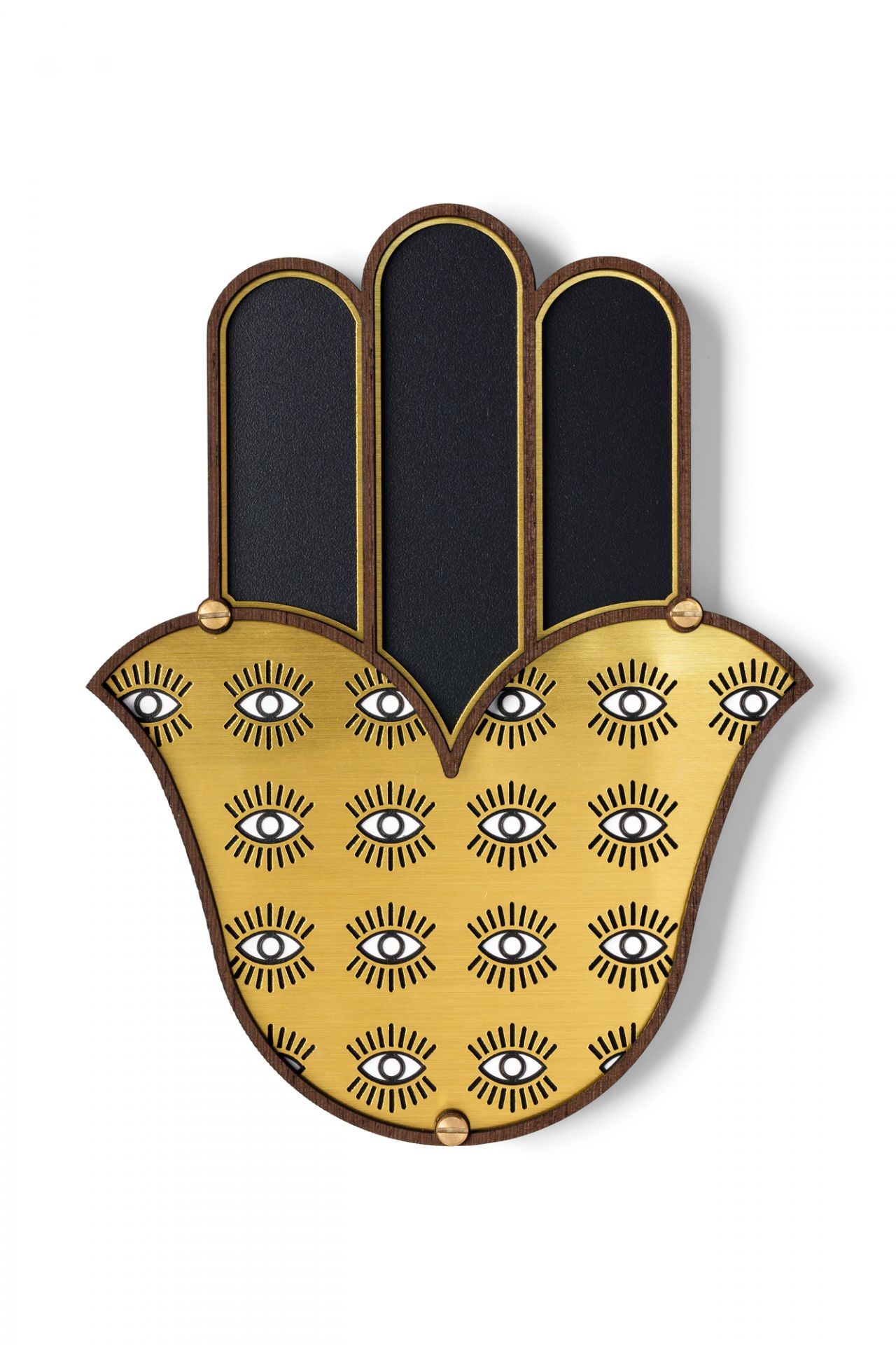 Hamsa Wanddeko von Umasqu mit goldenen Augen auf Holz, einzigartiger Wandschmuck für Wohnzimmer.
