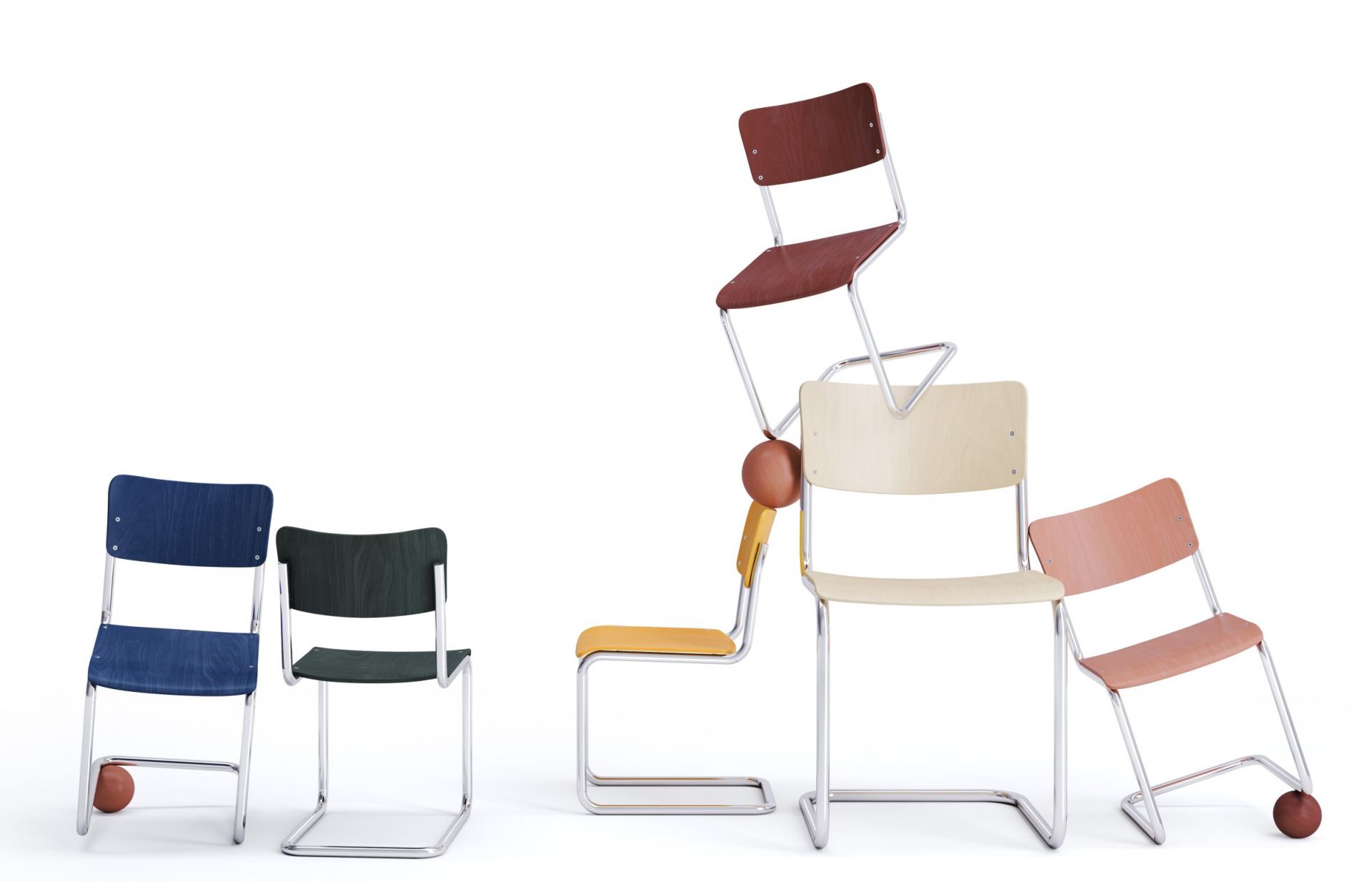 S 43 K Kinderstuhl Freischwinger Thonet in Bernsteingelb und anderen Farben gestapelt, modernes Design für Kinderzimmer.