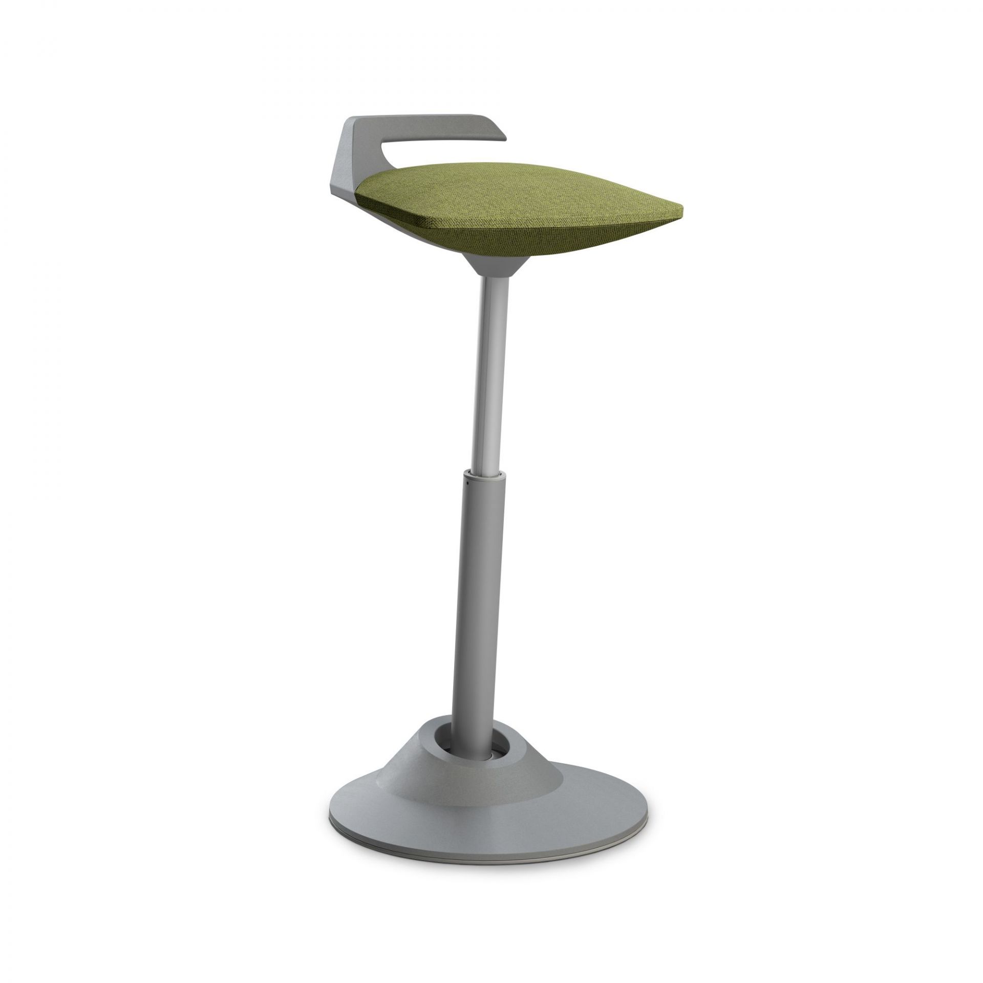 Ergonomischer Stehhocker mit grünem Sitz und grauem Fuß für dynamisches Sitzen im Büro.