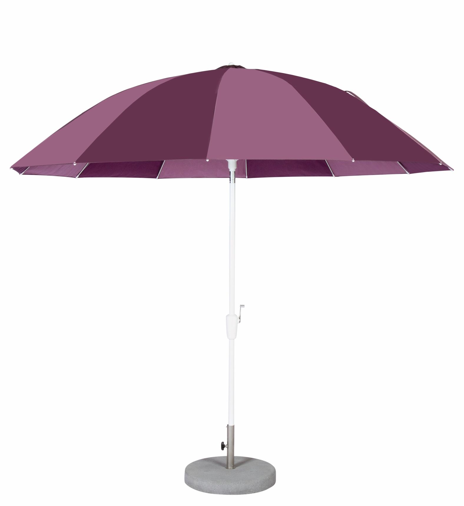 Weishäupl Pagodenschirm, lila Sonnenschirm mit weißem Gestell und grauem Betonsockel für Garten und Terrasse.