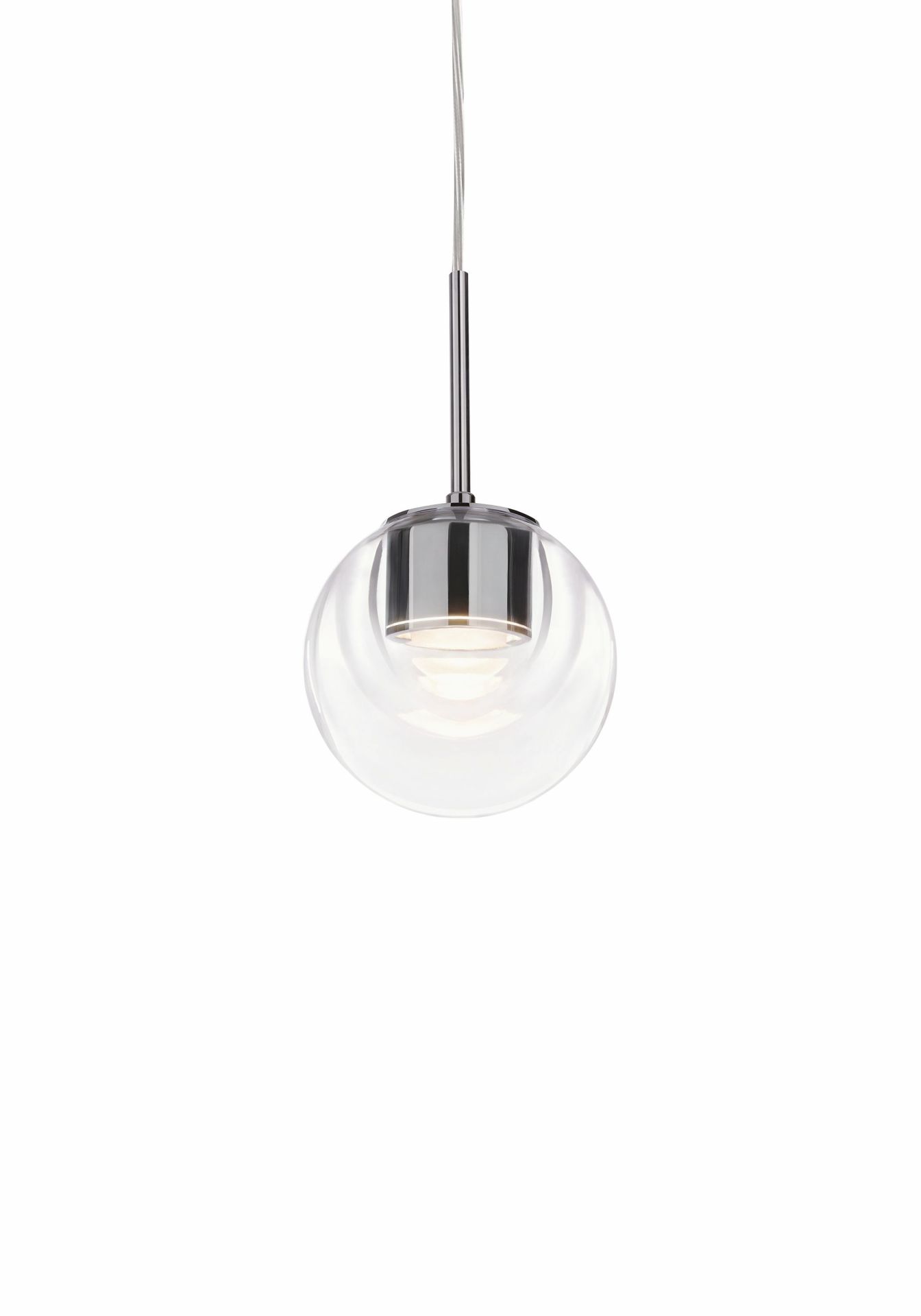 Dew Pendelleuchte von Kdln: Moderne Hängelampe mit transparentem Glas und Chromdetails für Wohnräume.