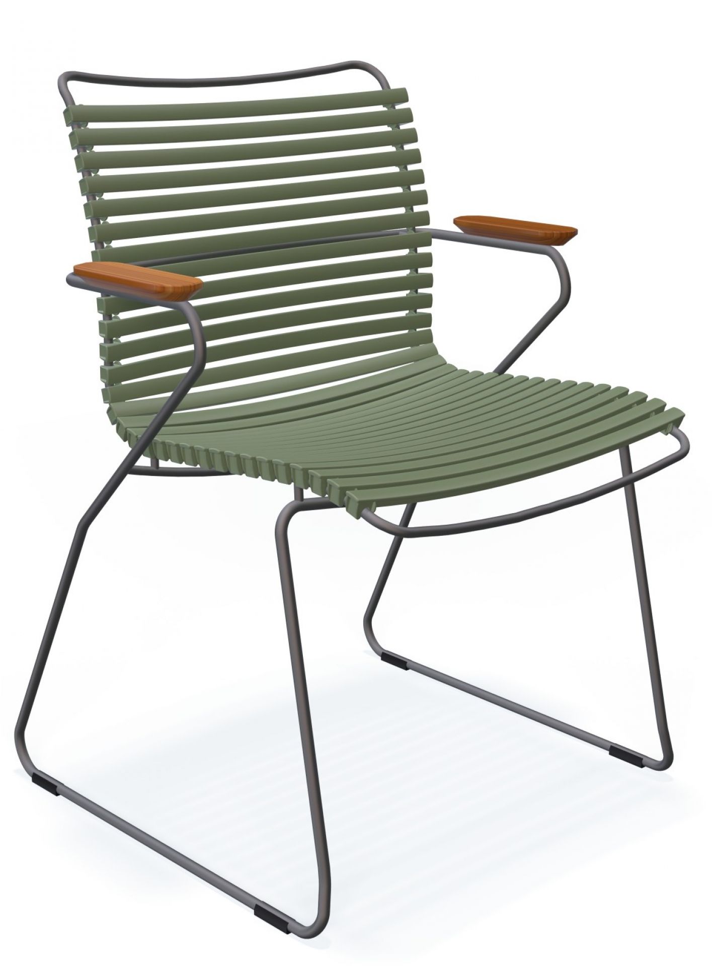 Click Dining Stuhl mit Armlehne von Houe, dunkelgraues Gestell, Holzarmlehnen, Outdoor Gartenstuhl für Terrasse.