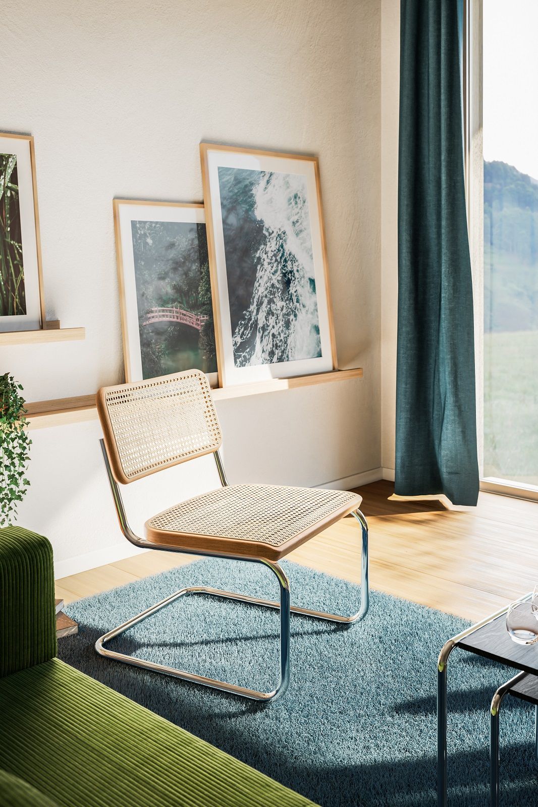 Thonet S 32 VL Lounge Chair Sessel mit Rohrgeflecht und Nussbaumholz in modernem Wohnzimmer.