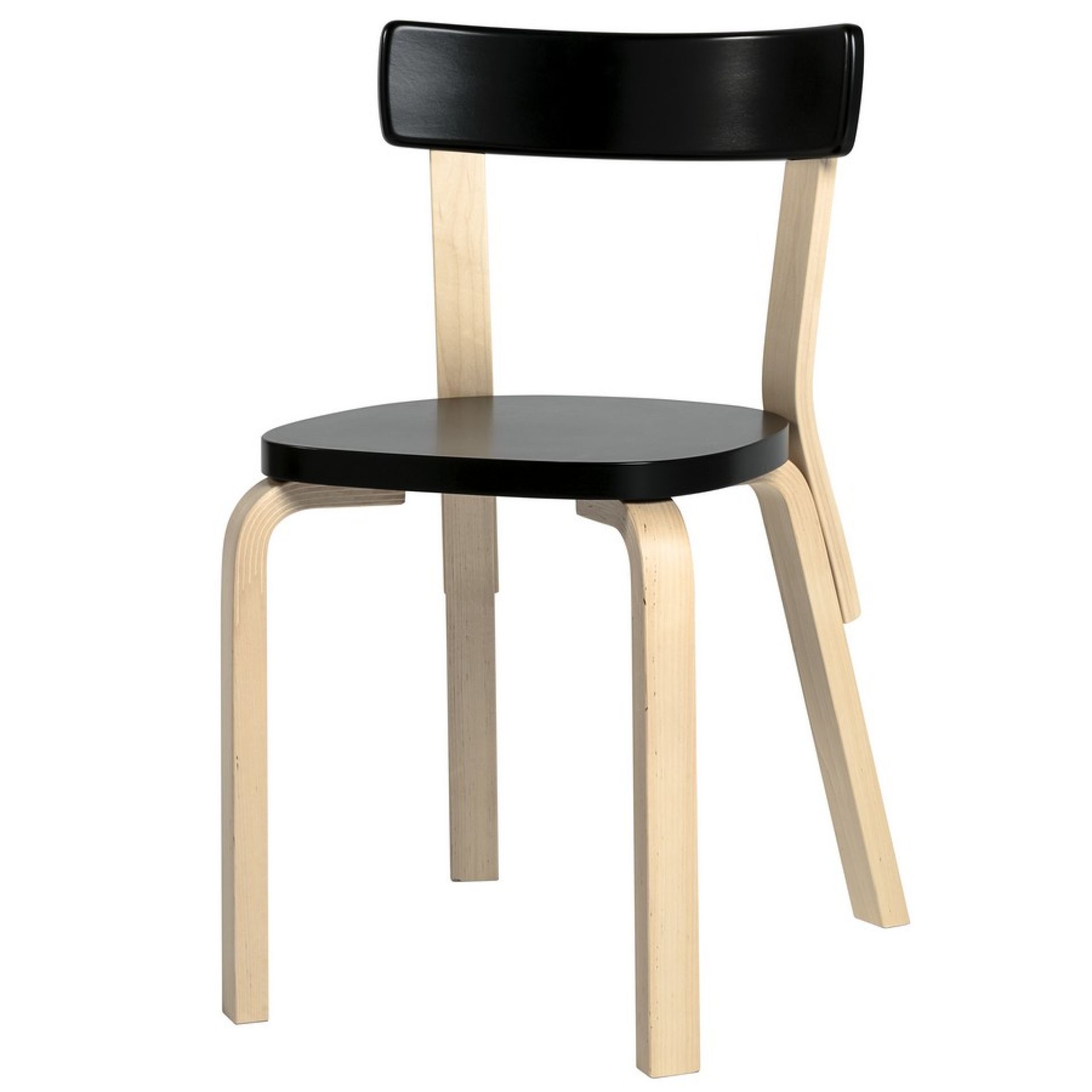 Artek Stuhl 69: Klassischer Holzstuhl mit schwarzer Sitzfläche und Rückenlehne, skandinavisches Design.