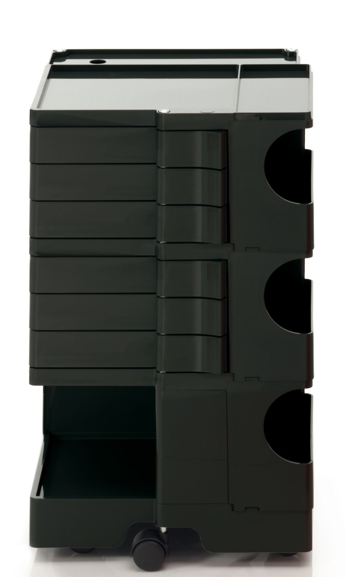 Schwarzer Boby B36 Rollcontainer mit Schubladen und Fächern für Büro oder Arbeitszimmer.
