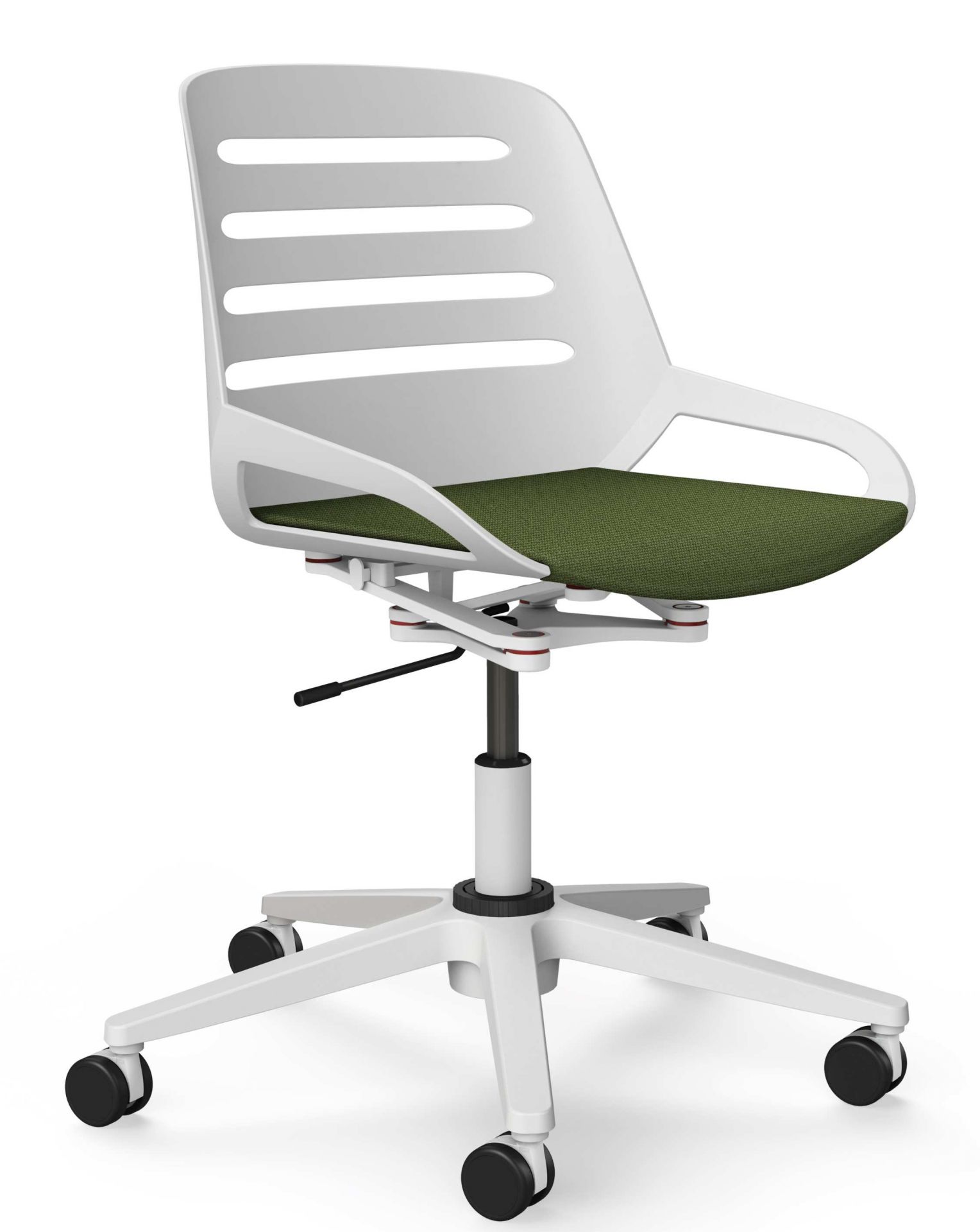 Numo Drehstuhl von Aeris mit weißem Gestell, grüner Sitzfläche und Rollen für das Büro.