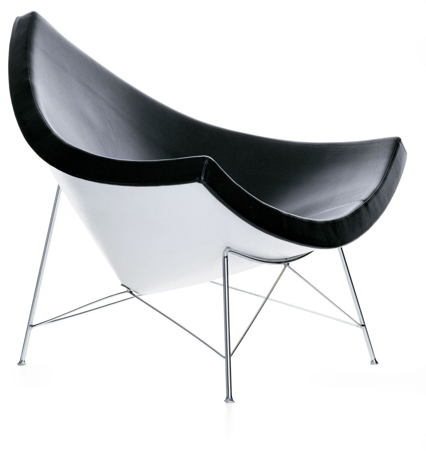 Vitra Coconut Chair mit schwarzer Sitzschale und weißem Untergestell, filigrane Chrombeine, modernes Design.