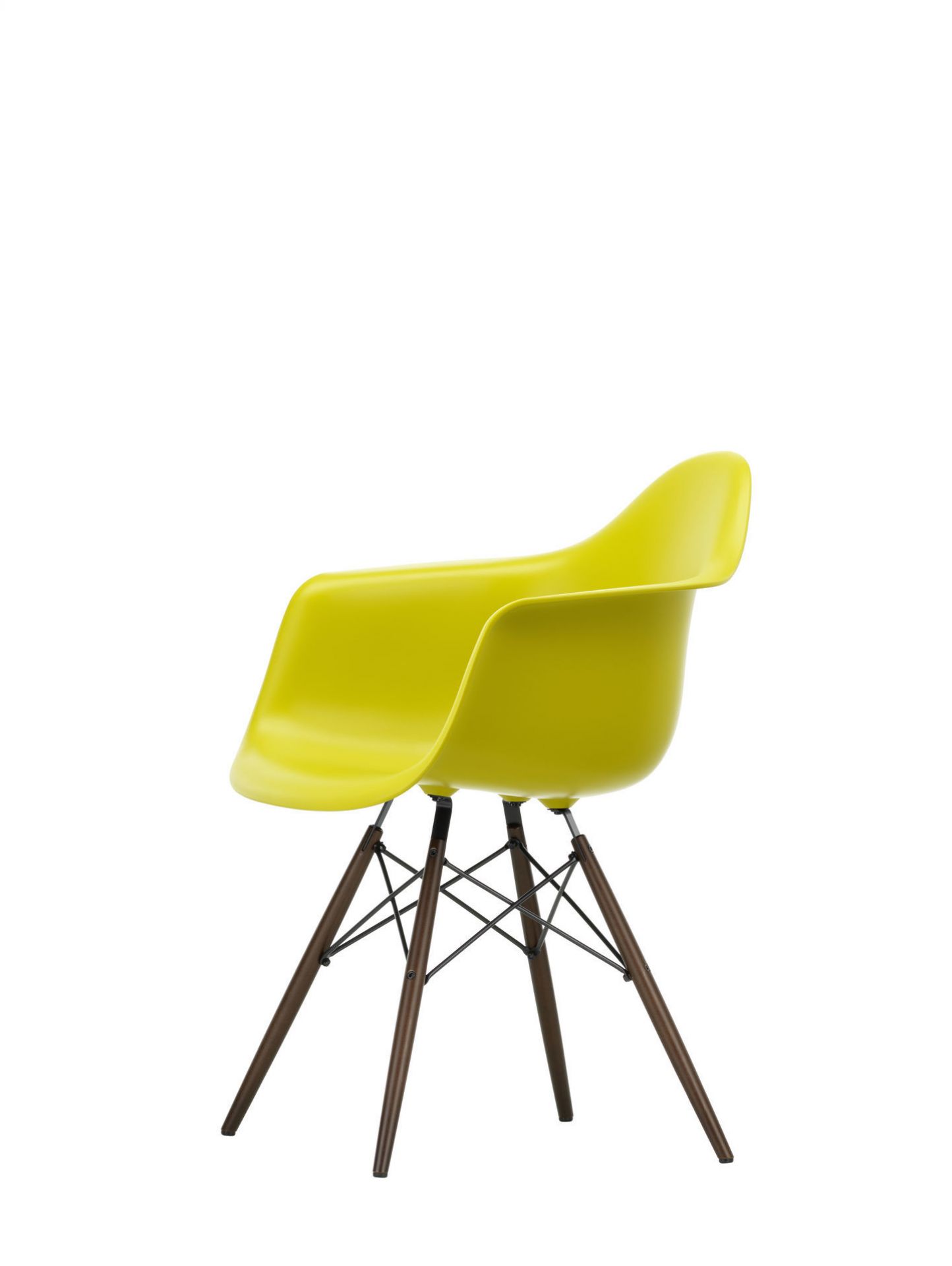 Eames Plastic Arm Chair DAW Stuhl in Gelblich mit Ahorn-Gestell von Vitra, Rückansicht.