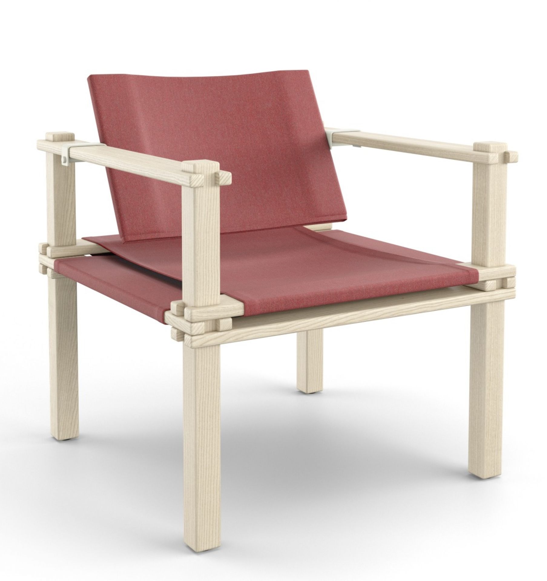 Farmer Sessel Outdoor Cor: Moderner Gartensessel aus hellem Holz und rotem Stoffbezug für Terrasse und Garten.