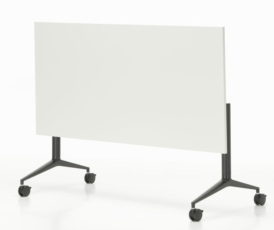 Vitra MedaMorph Klapptisch mit weißer Tischplatte und schwarzem Fußgestell auf Rollen, ideal als Arbeitstisch.
