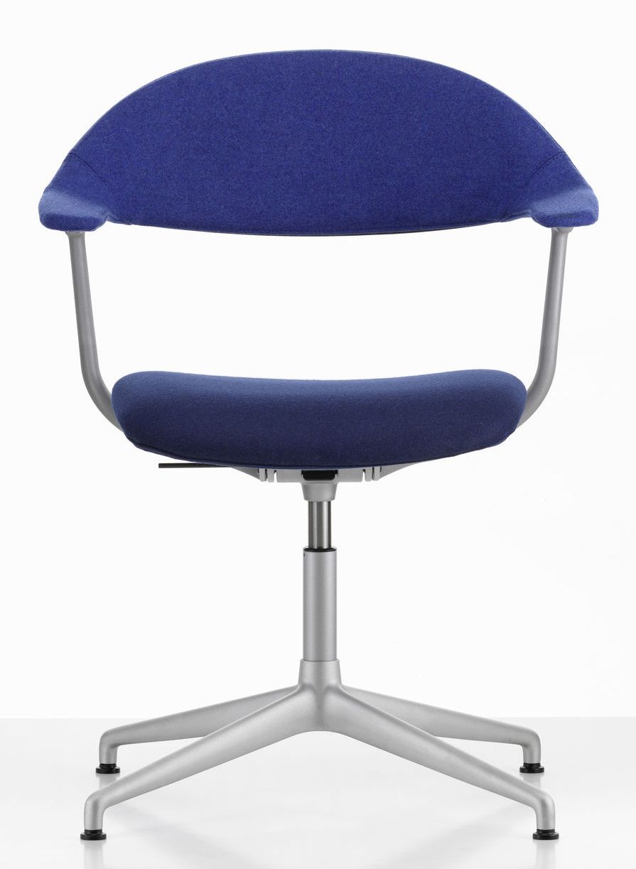 Mynt Bürodrehstuhl von Vitra mit blauem Stoffbezug und silberfarbenem Fußkreuz, ergonomisch und modern.