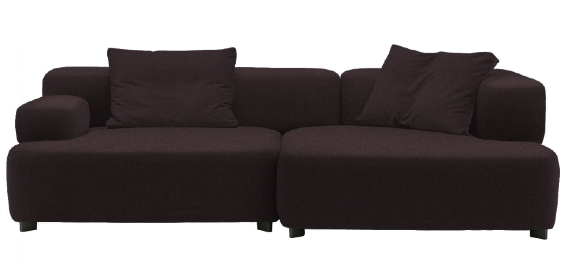 Alphabet Sofa von Fritz Hansen, 3-Sitzer mit Armlehne rechts, modernes braunes Stoffsofa mit Kissen.