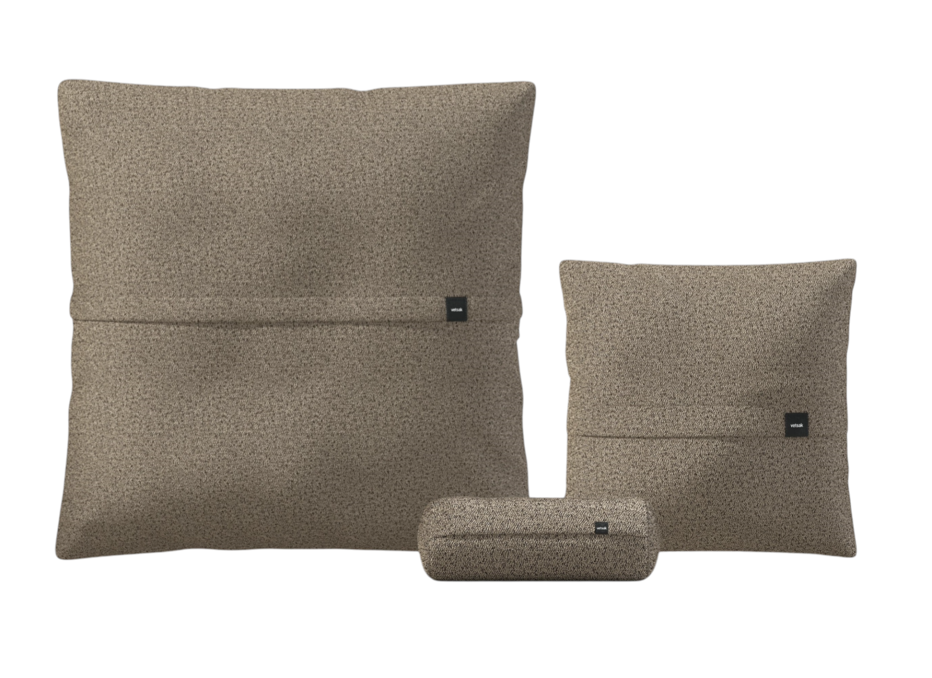 Vetsak Pillow Set: 3-teiliges Kissen-Set in Beige, bestehend aus zwei Kissen und einer Nackenrolle.