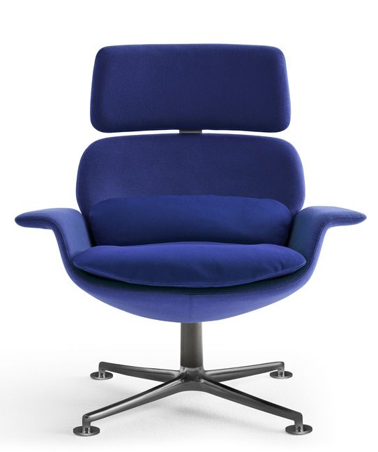Blauer KN02 Sessel von Knoll International mit hoher Rückenlehne und Drehfuß für Wohnzimmer.