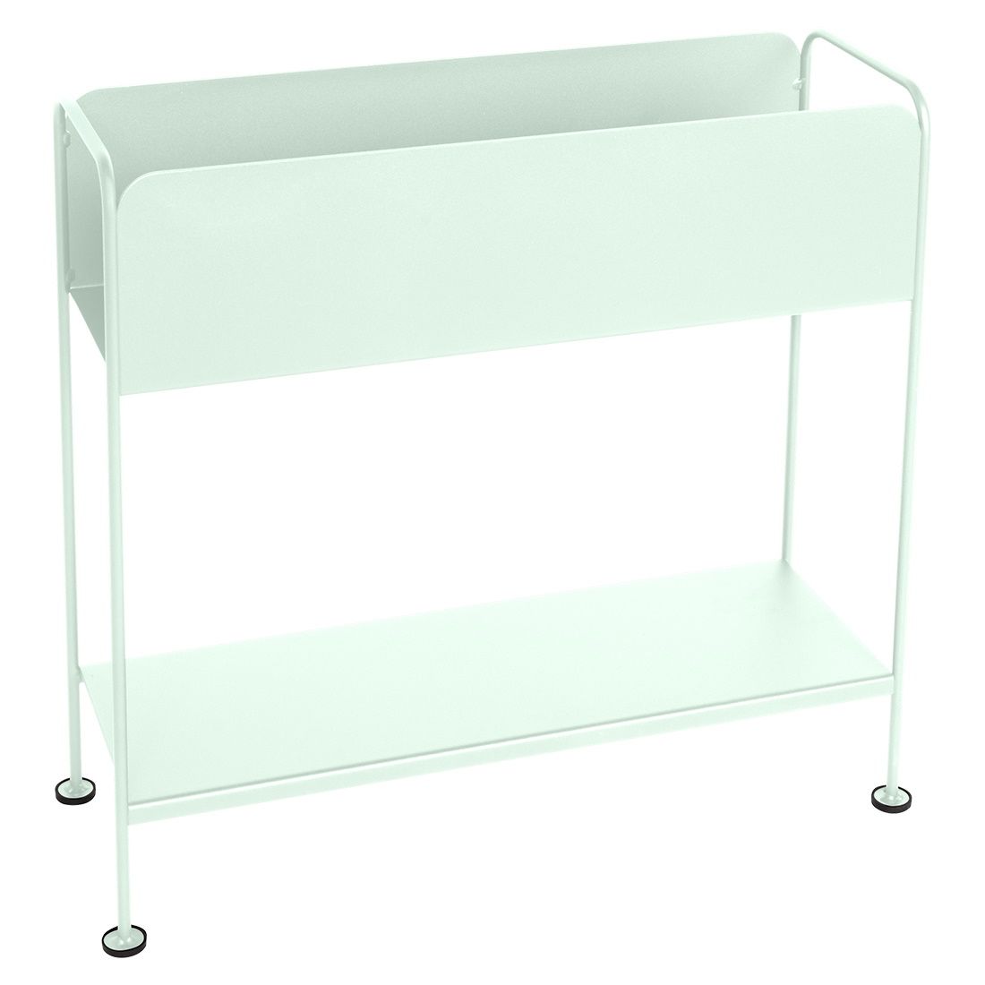 Heller, mintfarbener Picolino Blumentopf von Fermob für den Außenbereich, mit zwei Ablageflächen, minimalistisches Design.