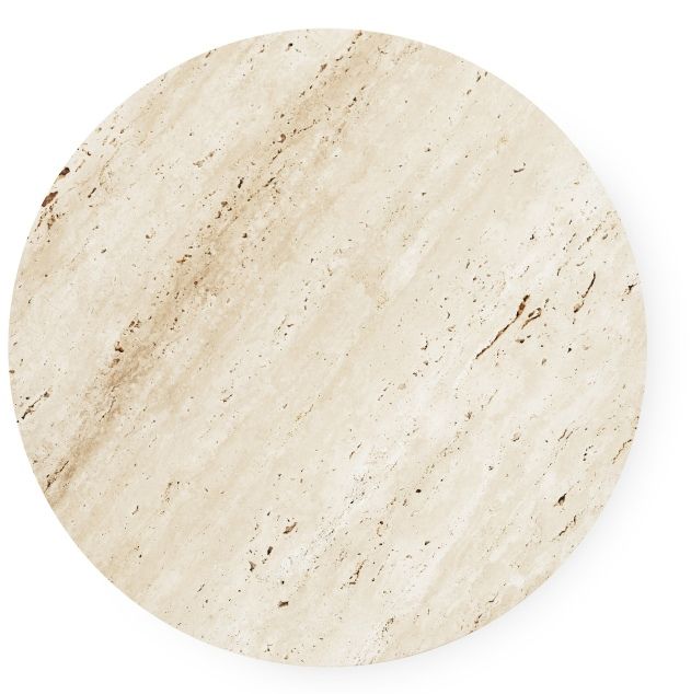 Detailaufnahme der Tischplatte des Dit Coffee Table Beistelltisches von Normann Copenhagen aus hellem Travertin.