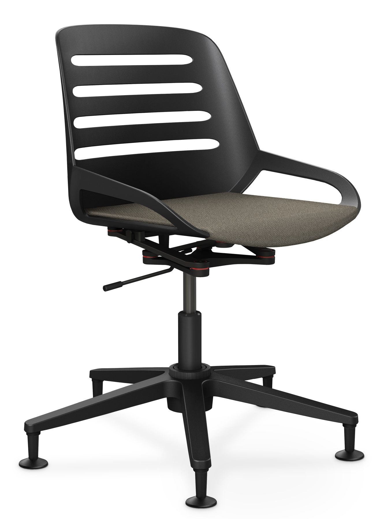 Numo Task Bürodrehstuhl von Aeris, schwarzer Konferenzstuhl mit Säule, Armlehnen und grauem Sitzbezug für Büro und Homeoffice.