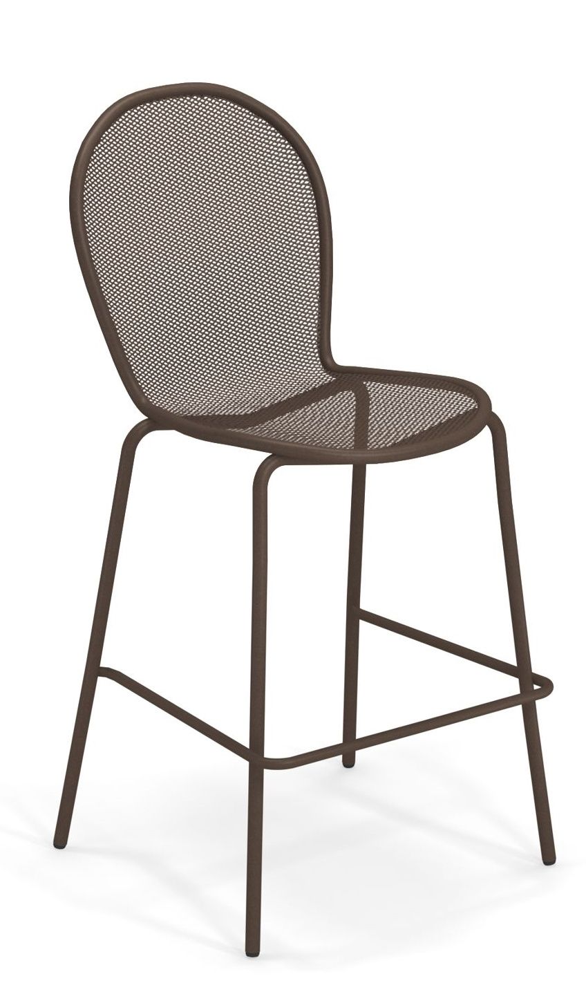 Ronda Barhocker von Emu, brauner Metall-Barstuhl mit Fußstütze und Netzstruktur für den Außenbereich.