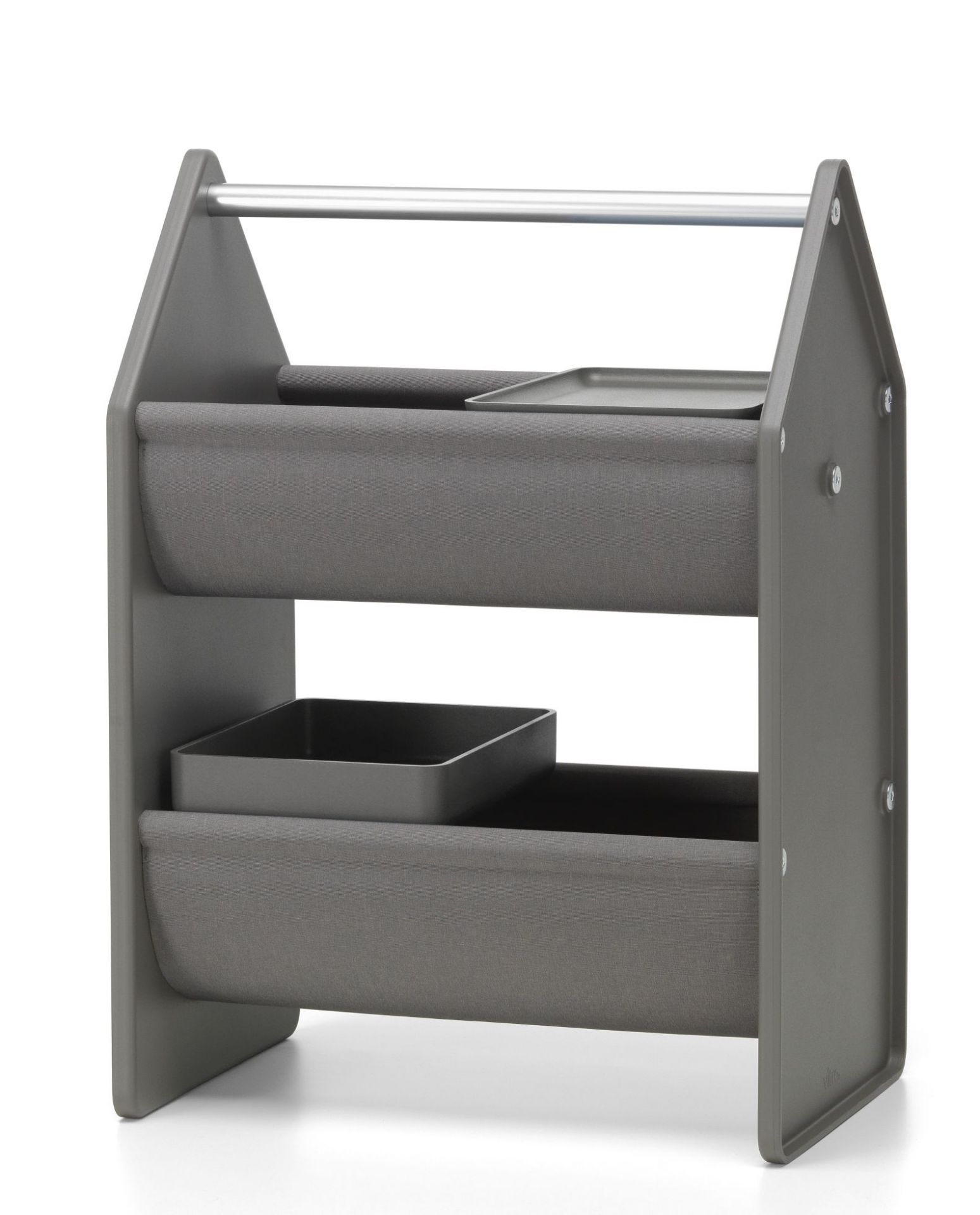 Graue Vitra Drop Box Aufbewahrungsbox mit zwei Stofftaschen und Ablageschalen für Büro oder Kinderzimmer.