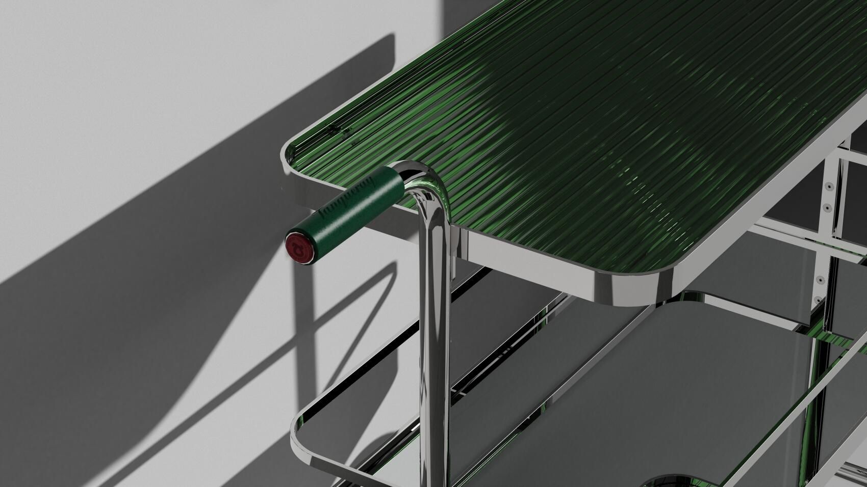 Detailaufnahme des S 179 Tanqueray Barwagens von Thonet mit grünen Glasplatten und verchromtem Gestell.