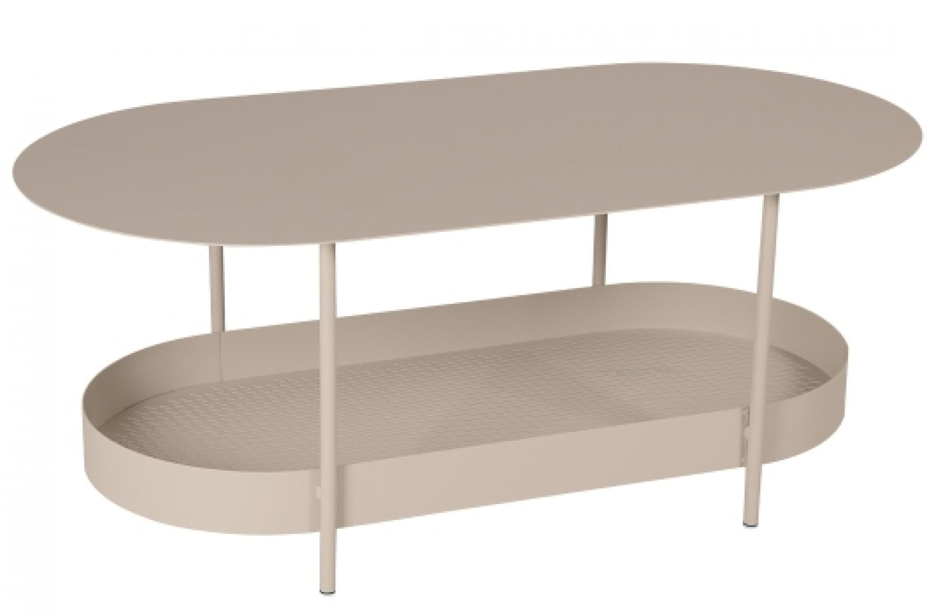 Beigefarbener Fermob Salsa Outdoor Tisch mit ovaler Tischplatte und Ablage für Garten und Terrasse.