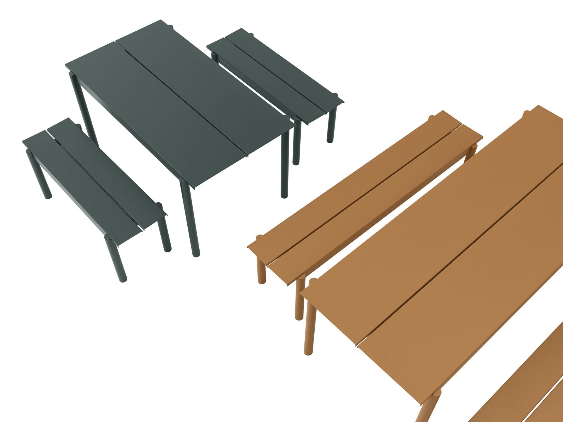Muuto Linear Steel Outdoor Bank in Grau und Braun, moderne Gartenbank für Terrasse und Garten.
