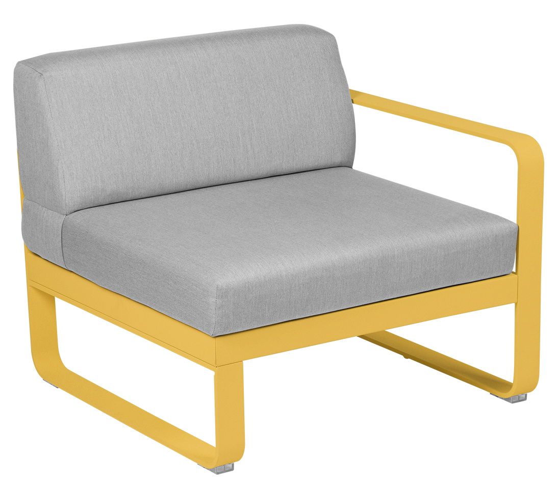 Bellevie 1-Sitzer Modul Sofa rechts von Fermob für den Außenbereich, gelbes Gestell, graue Polster.