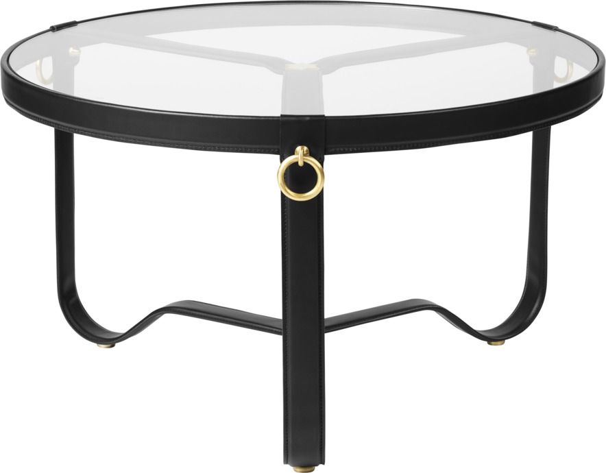 Adnet Couchtisch mit Glasplatte und schwarzem Ledergestell. Moderner Beistelltisch für Wohnzimmer.