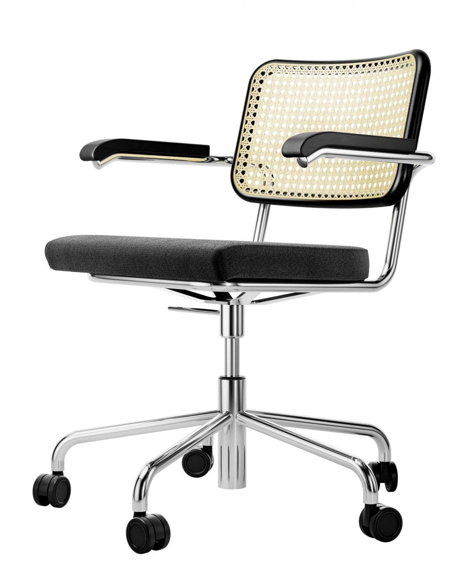 Thonet S 64 Drehstuhl mit Armlehnen, Wiener Geflecht und schwarzem Sitzpolster auf Rollen.