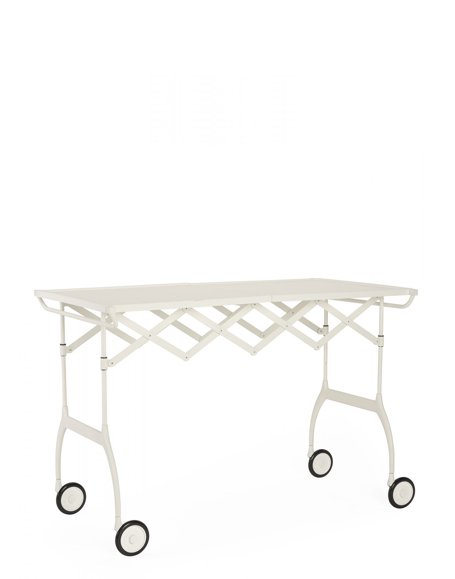 Mattweißer Kartell Servierwagen Battista, ausziehbar und mit Rollen, für Küche und Wohnzimmer.