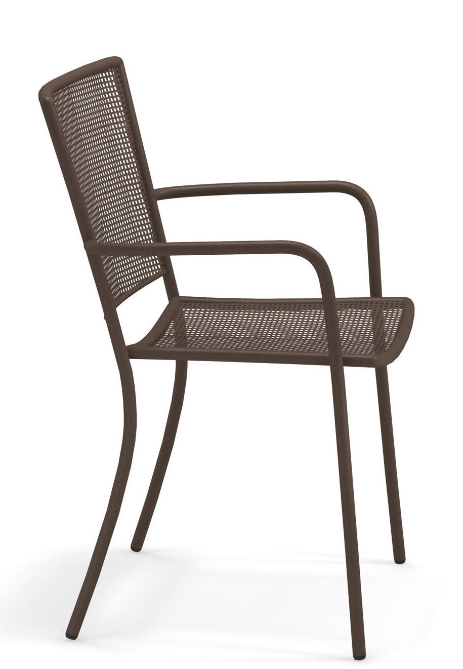 Athena Armchair Armlehnenstuhl in Kaffee: Outdoor Stuhl aus Metall mit Armlehnen, seitliche Ansicht.