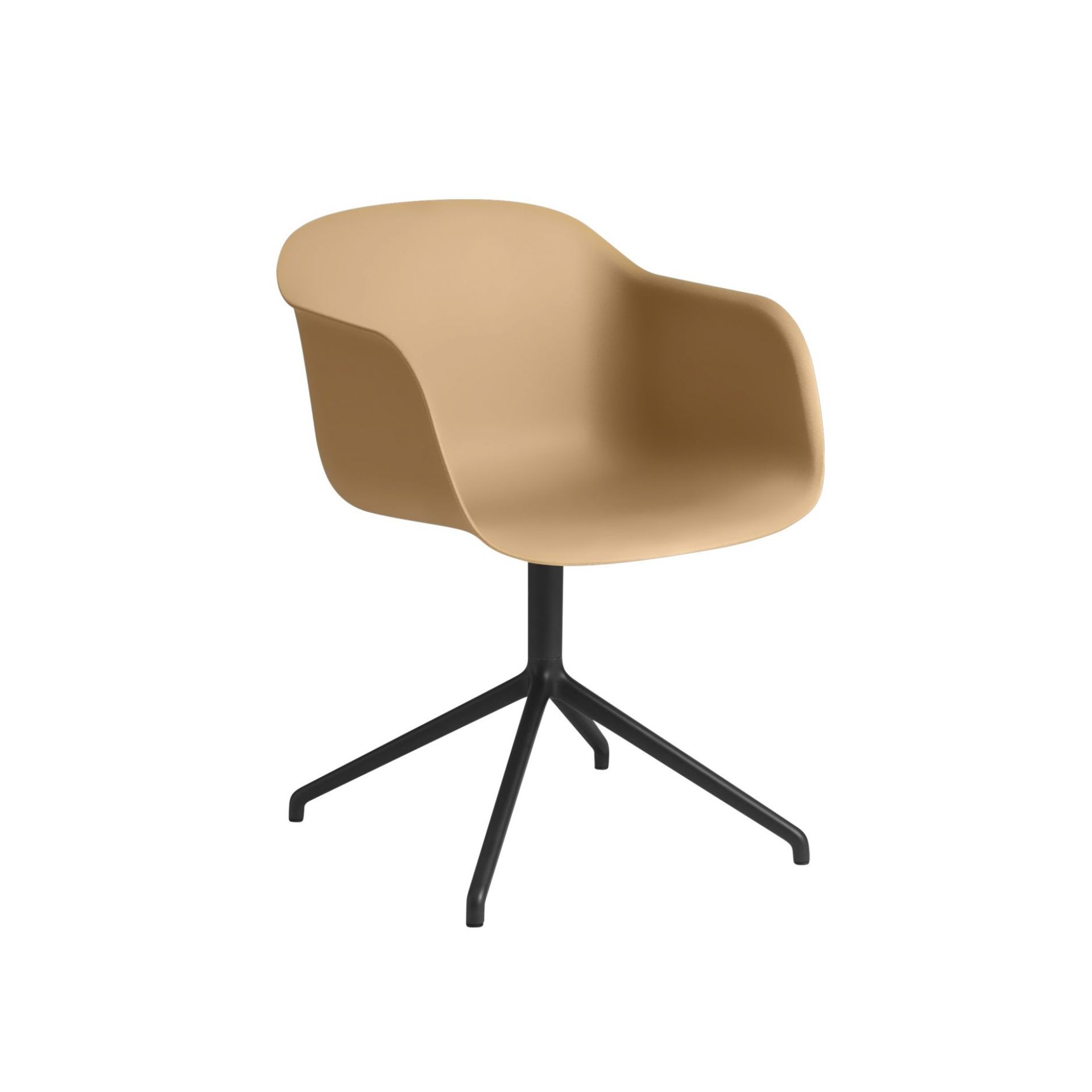 Muuto Fiber Armchair Swivel Base Stuhl in Sandbeige mit schwarzem Drehfuß, modernes Design für Wohnzimmer und Büro.
