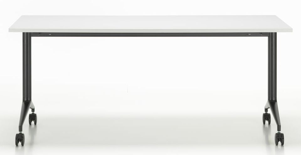 Vitra MedaMorph Klapptisch mit weißer Tischplatte und schwarzem Gestell mit Rollen, Frontansicht.